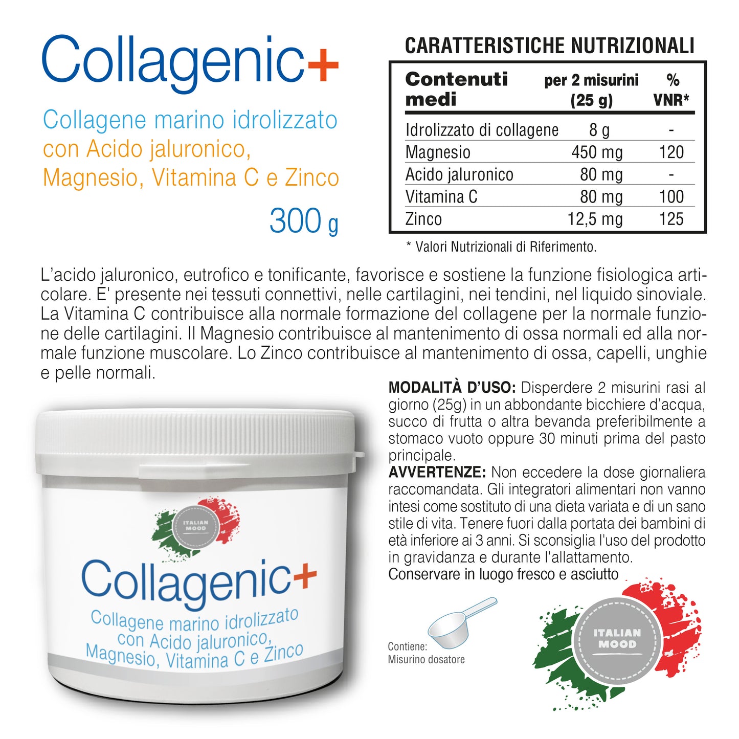Italian Mood - Collagenic Plus 300gr, Collagene Marino idrolizzato, acido Ialuronico Vitamina C e Zinco. Al favoloso gusto Limone