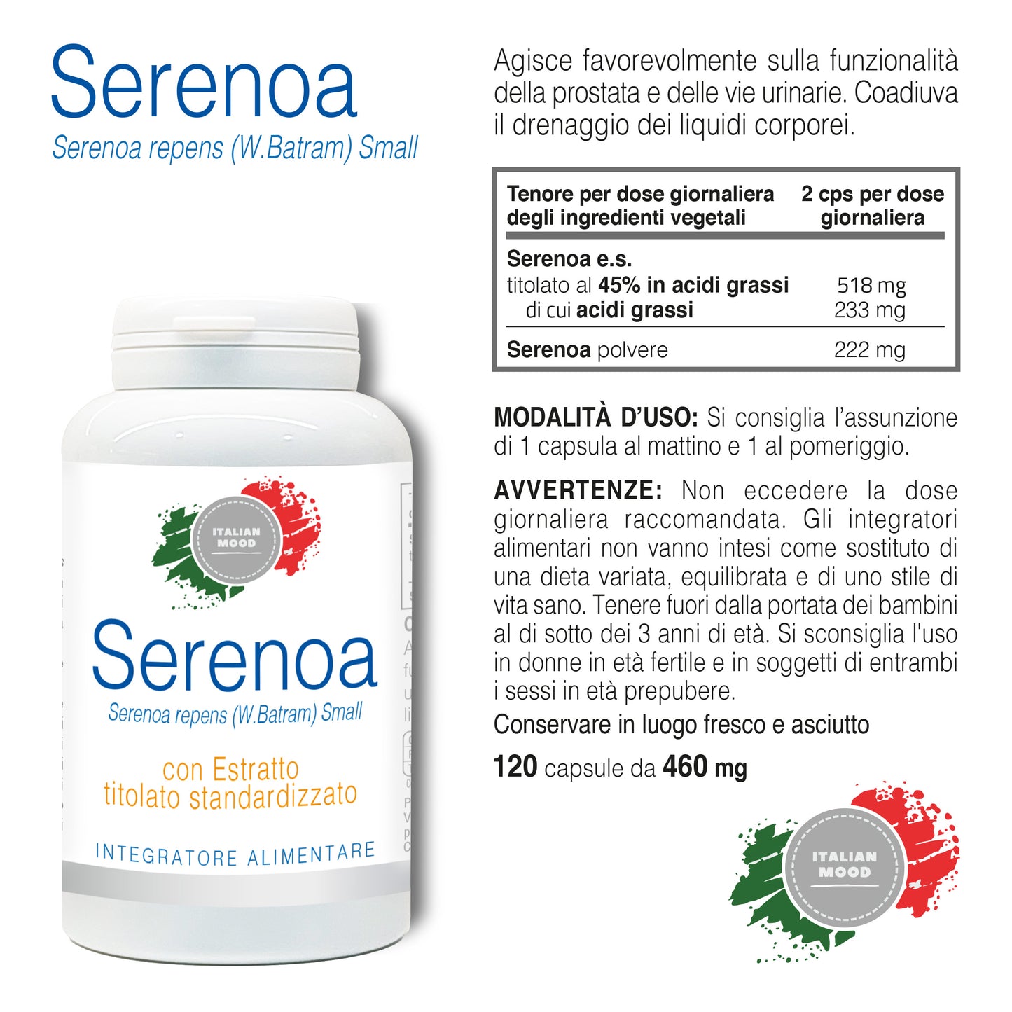 Serenoa Repens (Saw Palmetto) 120 Capsule da 460 mg. La Serenoa Repens favorisce la funzionalità della prostata e il benessere delle vie urinarie.