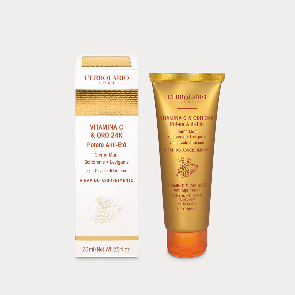 Crema Mani Vitamina C & Oro 24K 75 ml, Schiarente e Levigante con Caviale di Limone