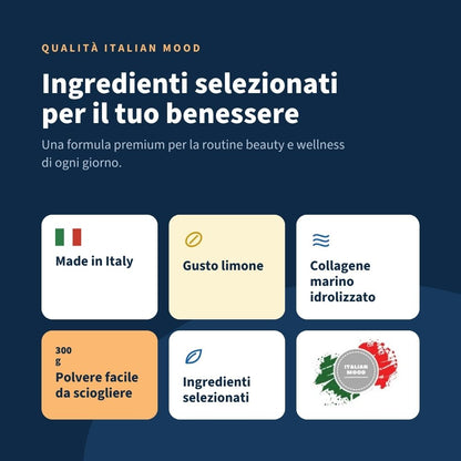Italian Mood - Collagenic Plus 300gr, Collagene Marino idrolizzato, acido Ialuronico Vitamina C e Zinco. Al favoloso gusto Limone