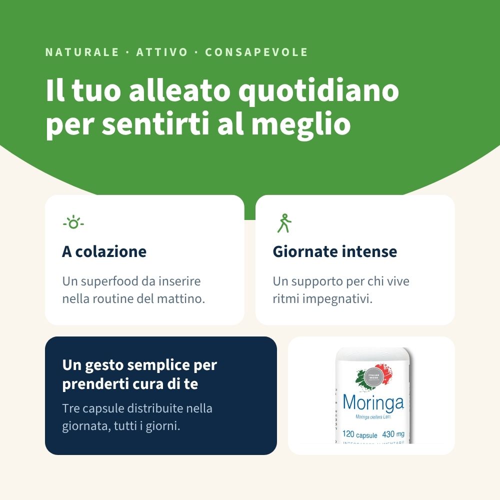 Moringa Oleifera Lam. 120 Capsule,Questo integratore supporta il benessere generale grazie al suo profilo nutrizionale completo