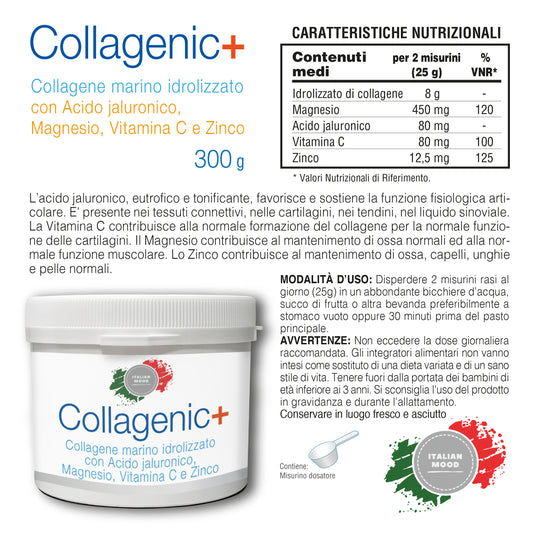 Italian Mood - Collagenic Plus 300gr, Collagene Marino idrolizzato, acido Ialuronico Vitamina C e Zinco