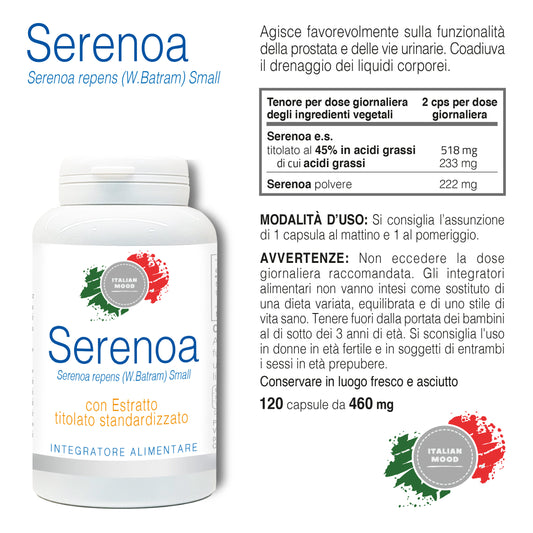Serenoa Repens  (Saw Palmetto) 120 Capsule da 460 mg. La Serenoa Repens favorisce la funzionalità della prostata e il benessere delle vie urinarie.